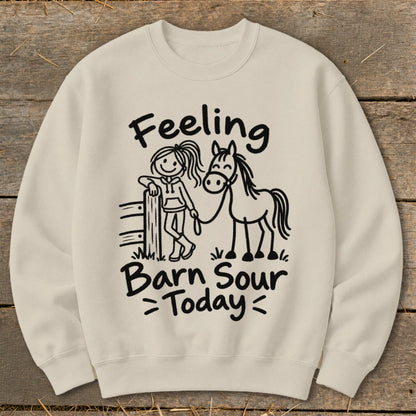 Cream sweatshirt with cartoon girl and horse, text "Feeling Barn Sour Today".