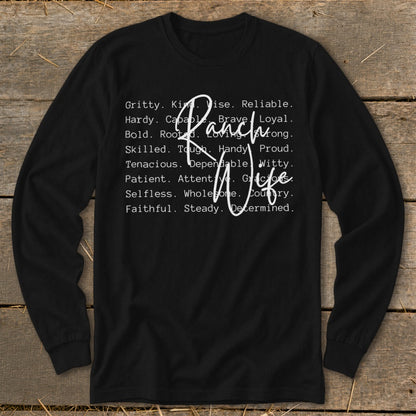 Black long-sleeve shirt with "Ranch Wife" and lists of traits.