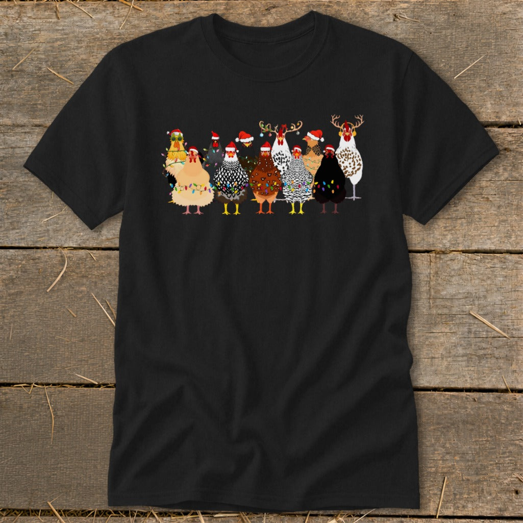 Black t-shirt with cartoon chickens wearing Santa hats and Christmas lights.