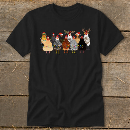 Black t-shirt with cartoon chickens wearing Santa hats and Christmas lights.