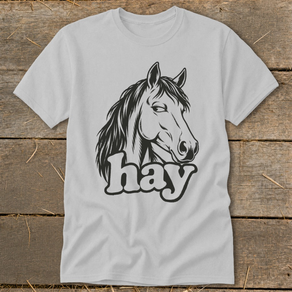 Light gray t-shirt with a black line art drawing of a horse head and the word "hay".