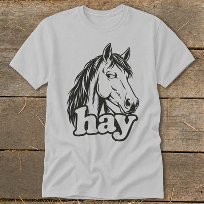 Light gray t-shirt with a black line art drawing of a horse head and the word "hay".