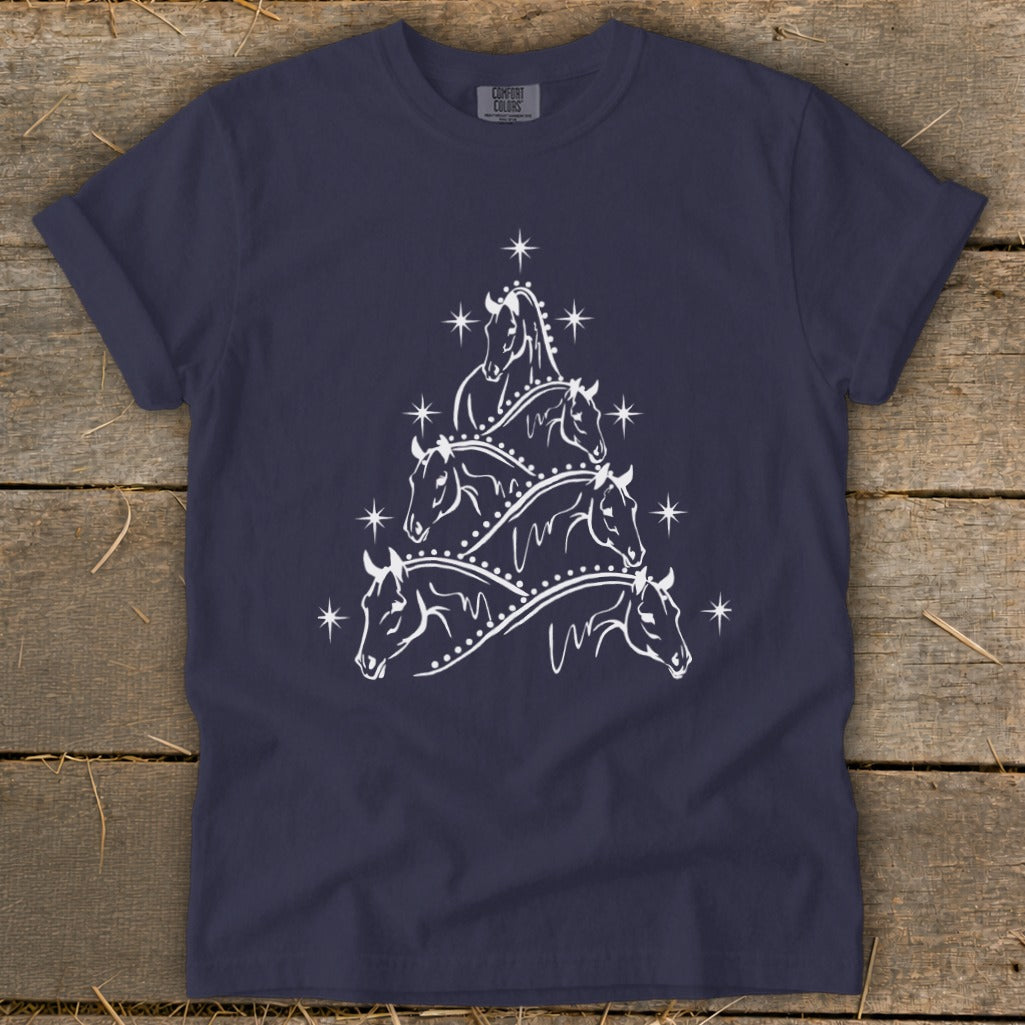 Navy t-shirt with white horse Christmas tree graphic and stars.