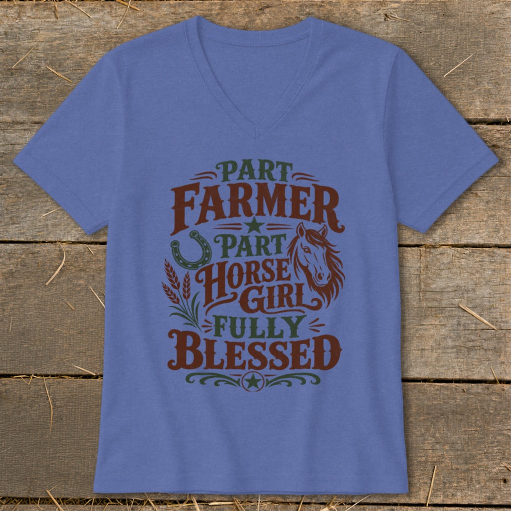 Blue v-neck shirt with "Part Farmer, Part Horse Girl, Fully Blessed" text and graphics.