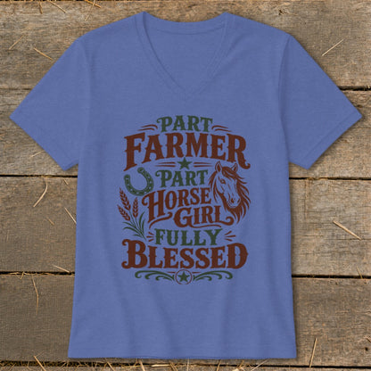 Blue v-neck shirt with "Part Farmer, Part Horse Girl, Fully Blessed" text and graphics.