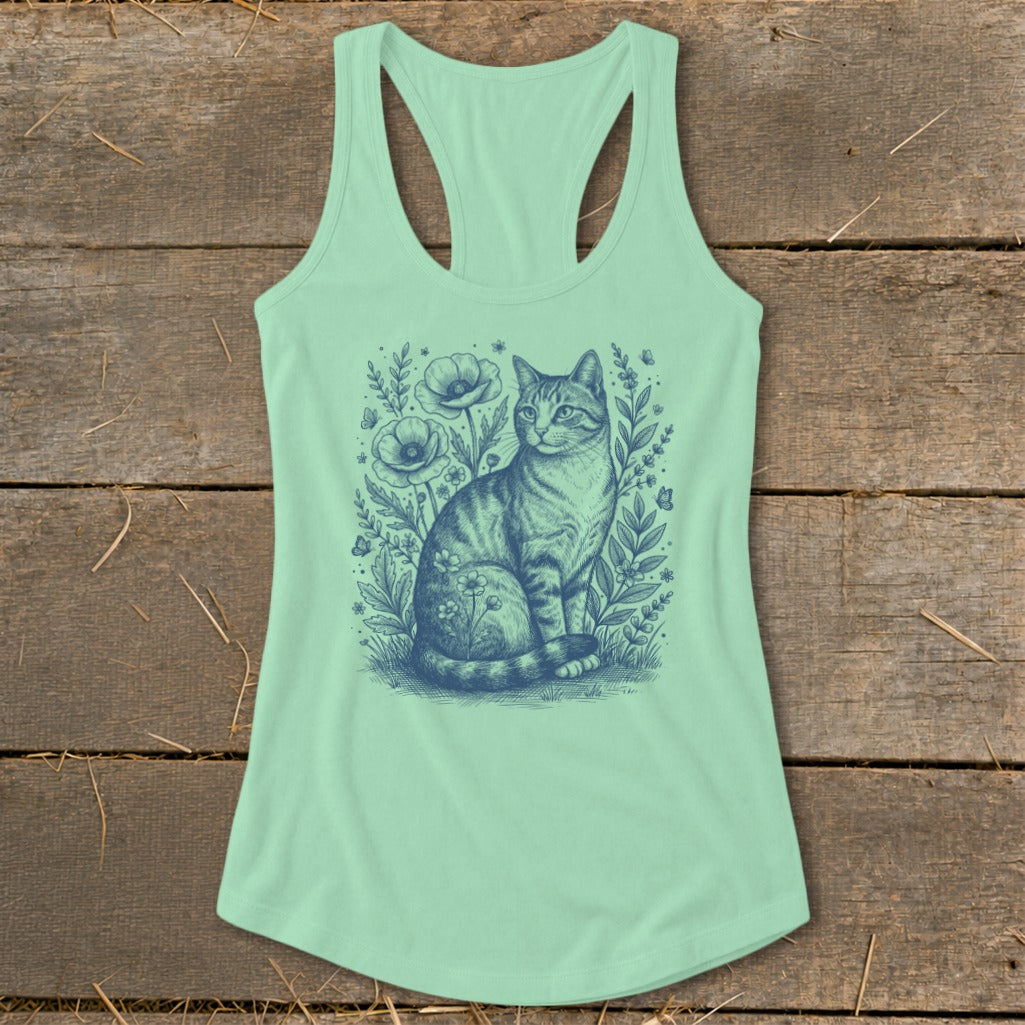 Mint green tank top with a blue line drawing of a cat sitting among flowers.