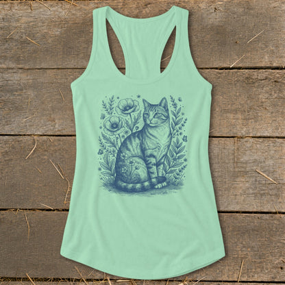 Mint green tank top with a blue line drawing of a cat sitting among flowers.