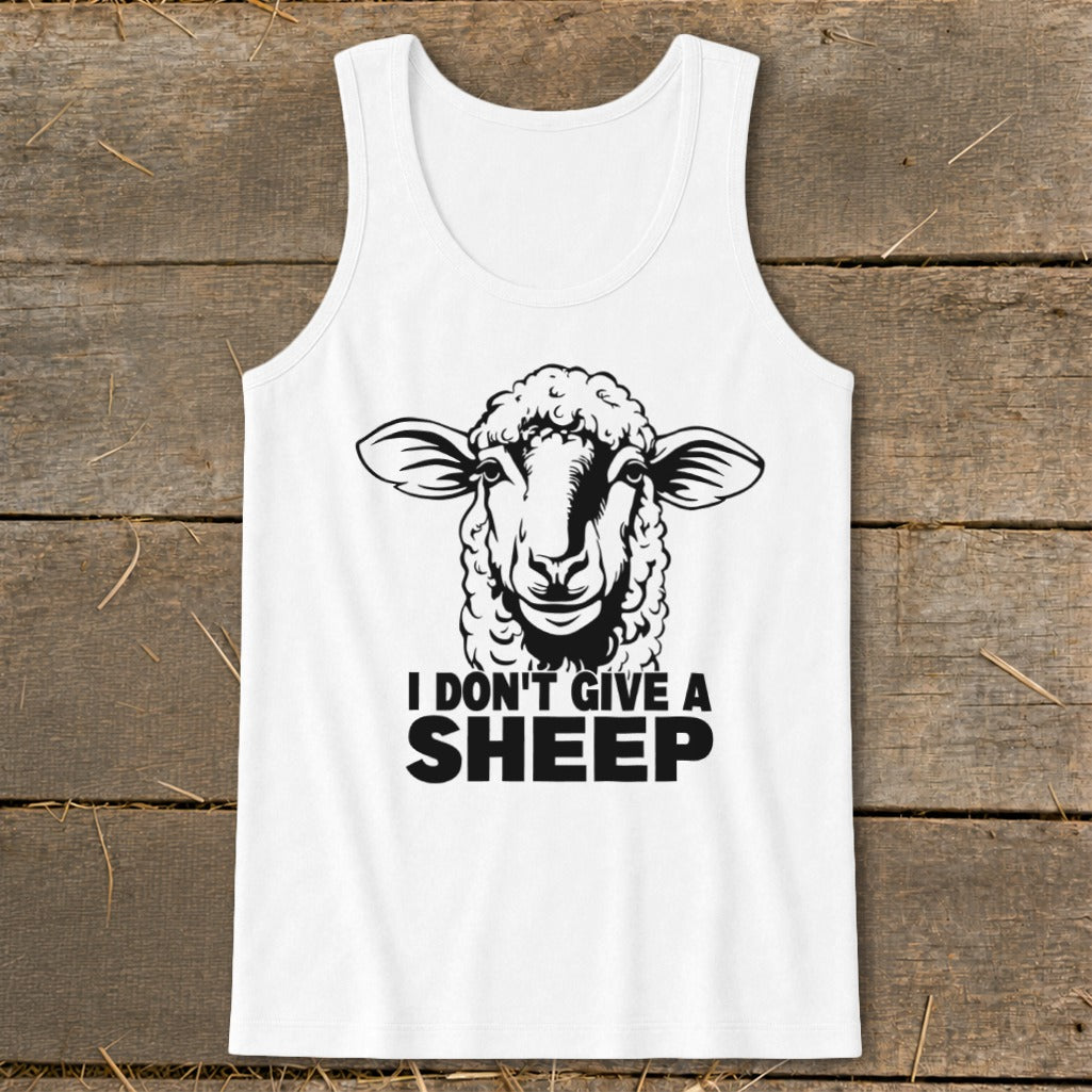 White tank top with a black graphic of a sheep's head and text.