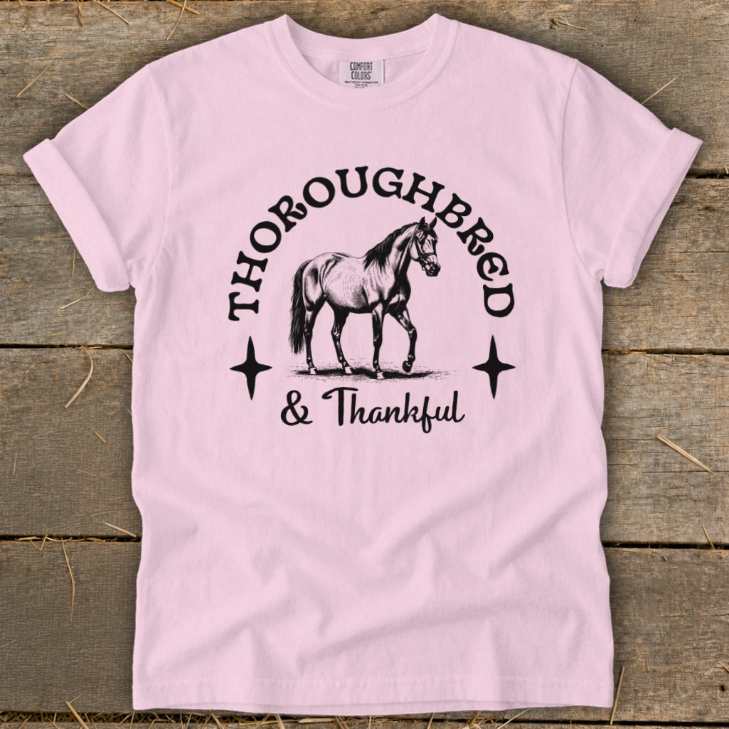 Pink t-shirt with "THOROUGHBRED & Thankful" text and horse graphic.