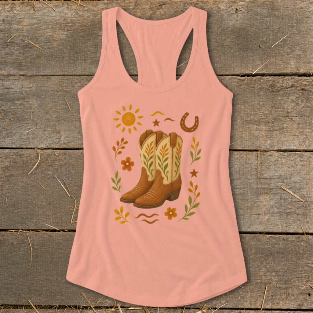 Peach tank top with cowboy boots, sun, horseshoe, and floral accents.