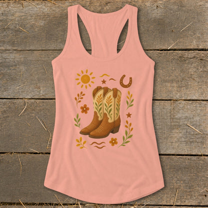 Peach tank top with cowboy boots, sun, horseshoe, and floral accents.