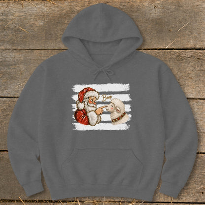 Santa booping a sheep with "Boop" text on a gray hoodie.