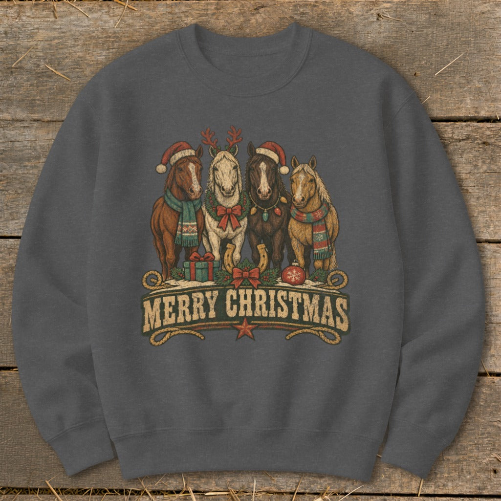 Four horses wearing Christmas hats and scarves with "Merry Christmas" text.