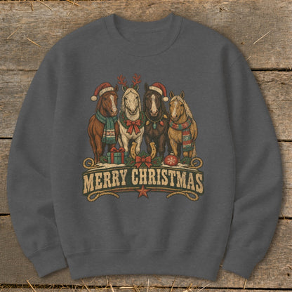 Four horses wearing Christmas hats and scarves with "Merry Christmas" text.