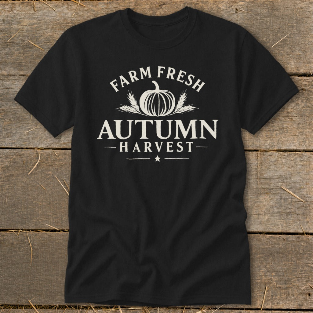 Black t-shirt with white "Farm Fresh Autumn Harvest" text and pumpkin graphic.