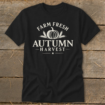 Black t-shirt with white "Farm Fresh Autumn Harvest" text and pumpkin graphic.