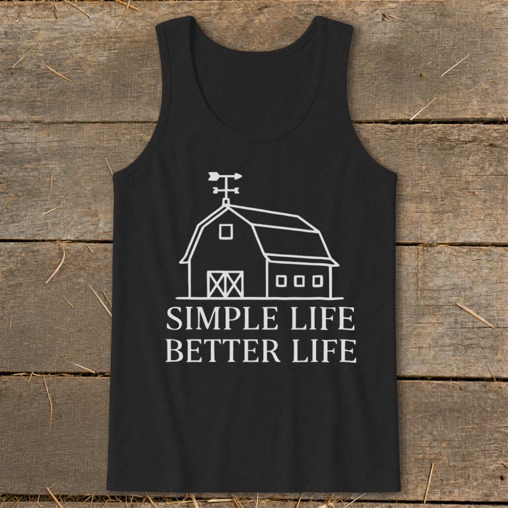 Black tank top with white barn graphic and text "SIMPLE LIFE BETTER LIFE".