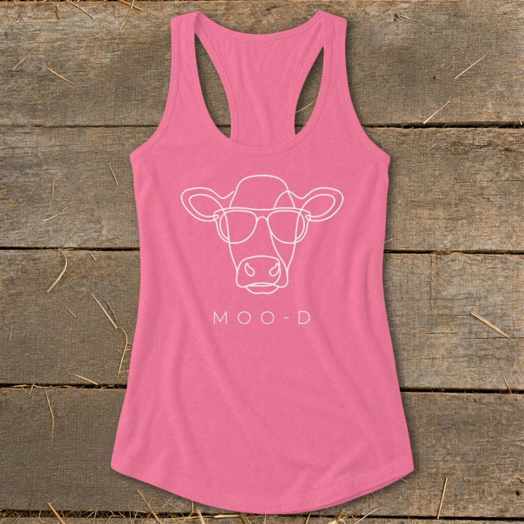 Pink tank top with white line drawing of a cow wearing sunglasses and text "MOO-D".