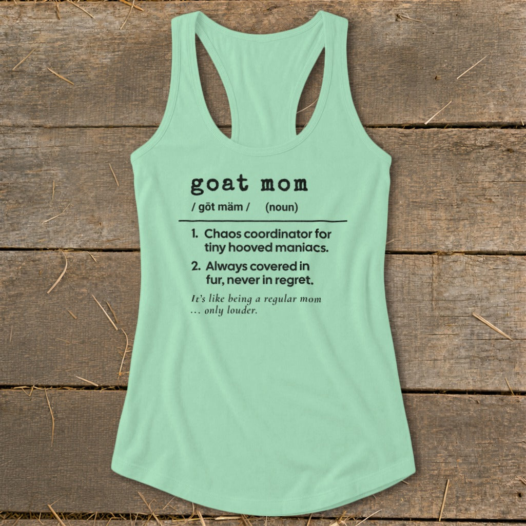 Mint green tank top with "goat mom" definition text.