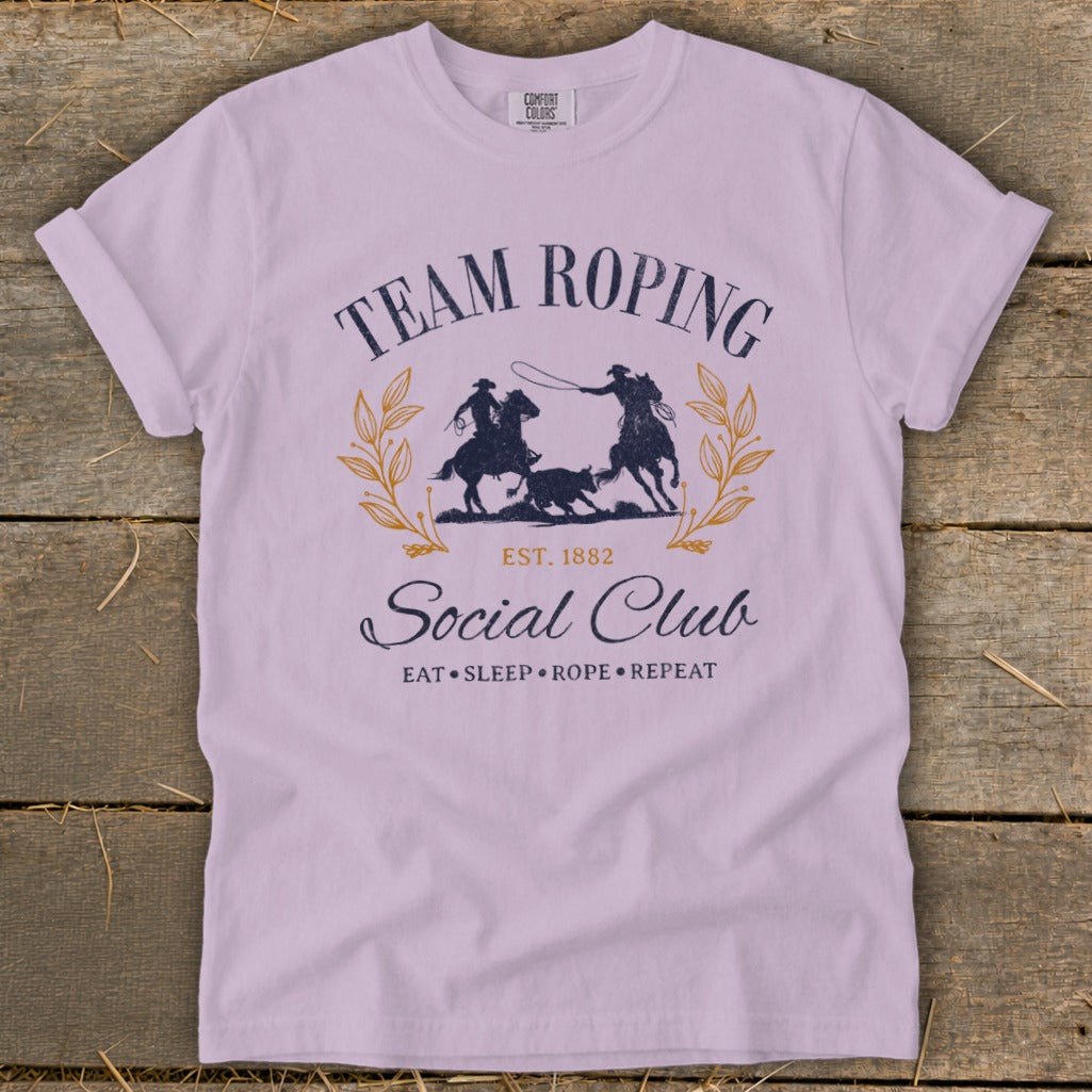 Team Roping Social Club graphic t-shirt with horses, bull, and text.
