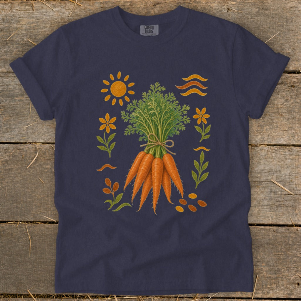 Dark blue t-shirt with a graphic of carrots and garden elements.