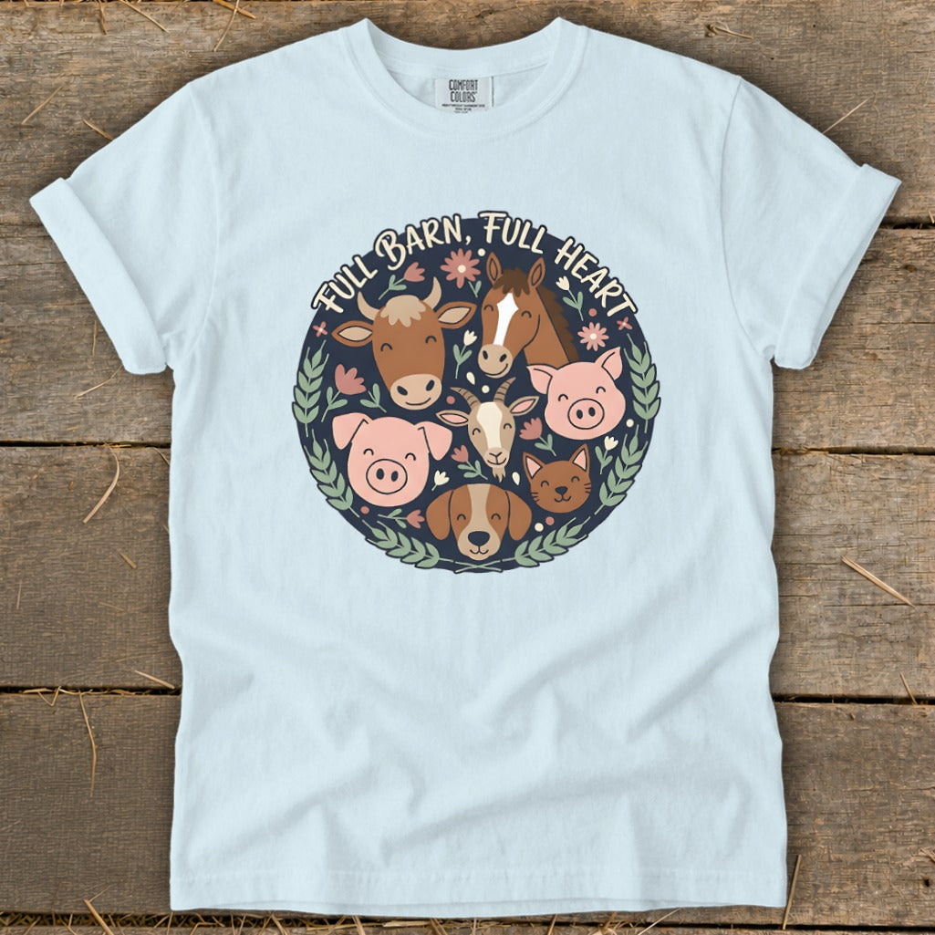 Light blue t-shirt with "Full Barn, Full Heart" graphic of farm animals in a circle.