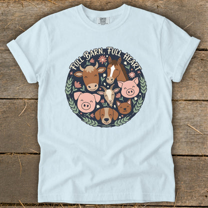 Light blue t-shirt with "Full Barn, Full Heart" graphic of farm animals in a circle.
