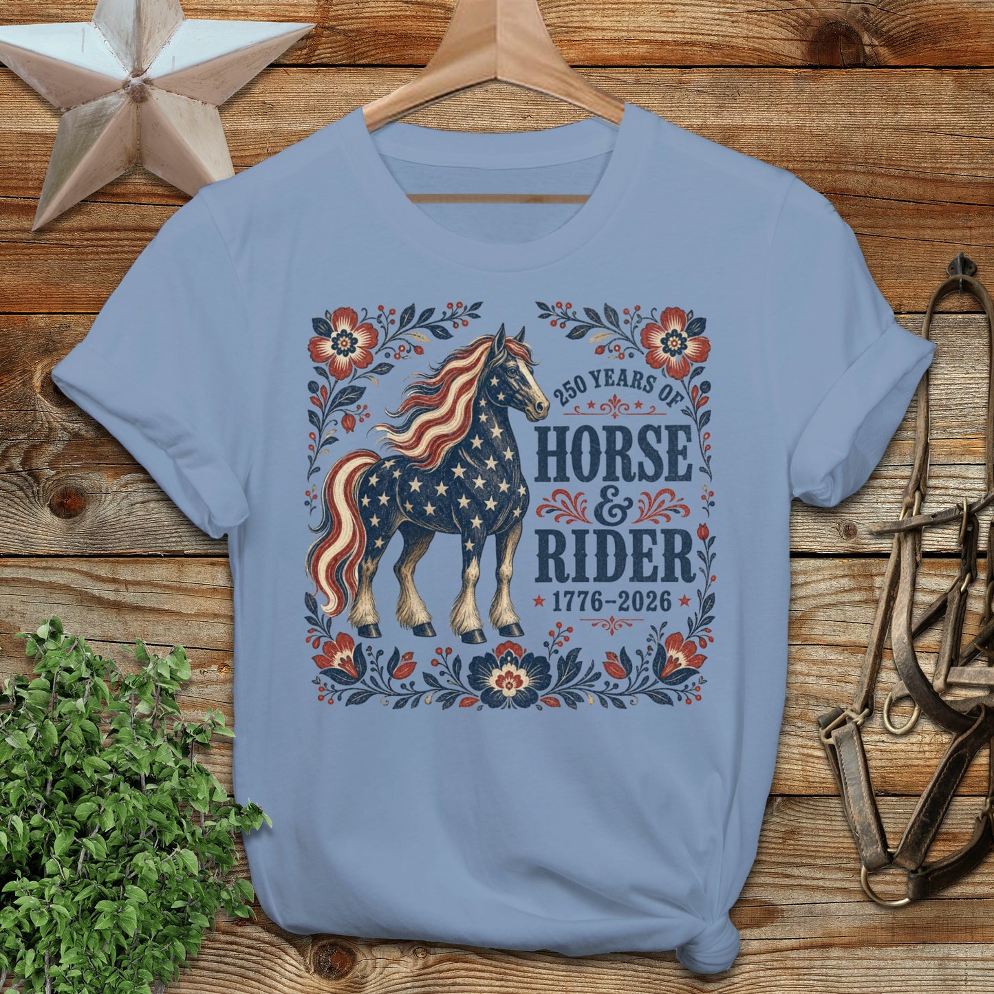 T-shirt with American flag horse design celebrating 250 years of horse and rider.