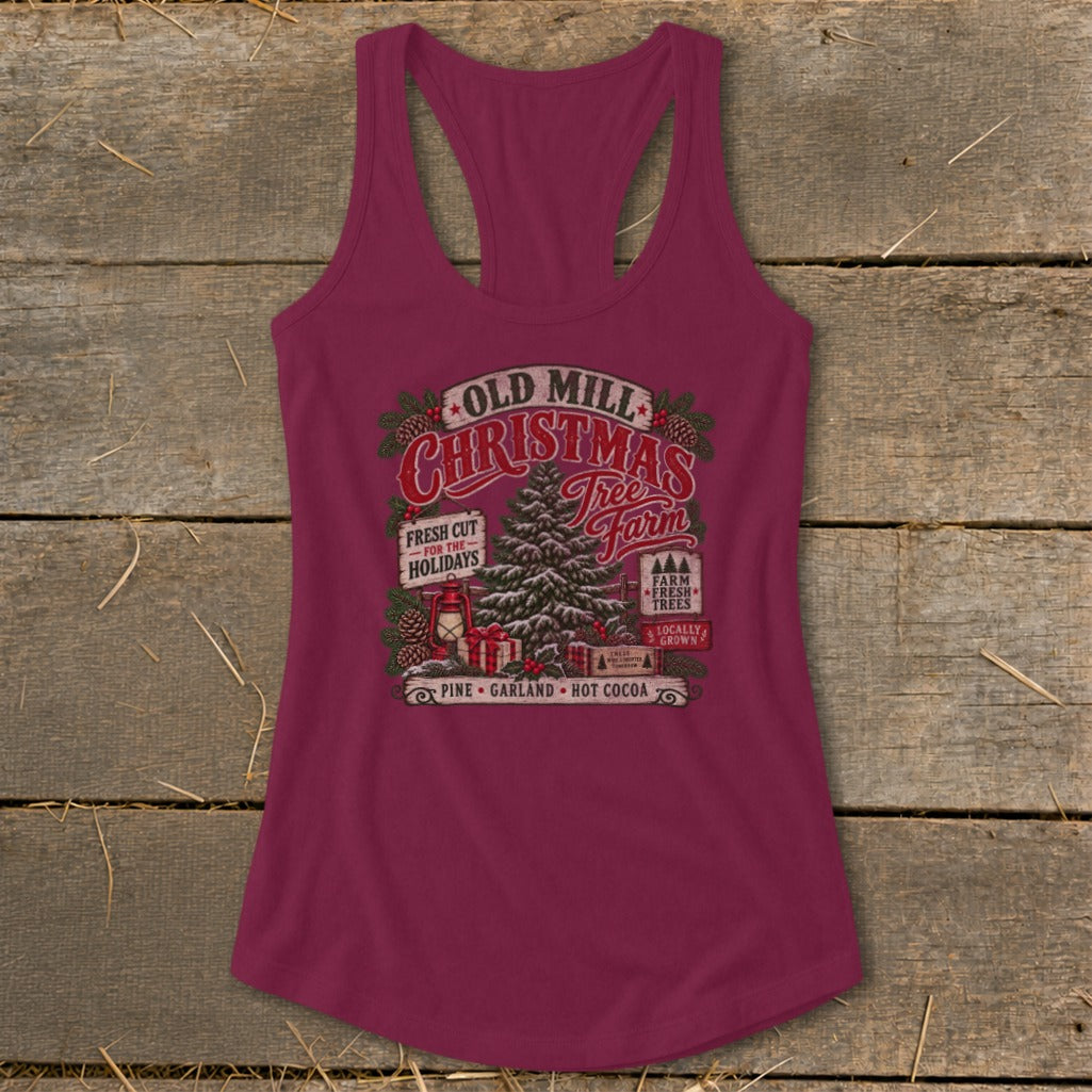 Burgundy tank top with "Old Mill Christmas Tree Farm" graphic.