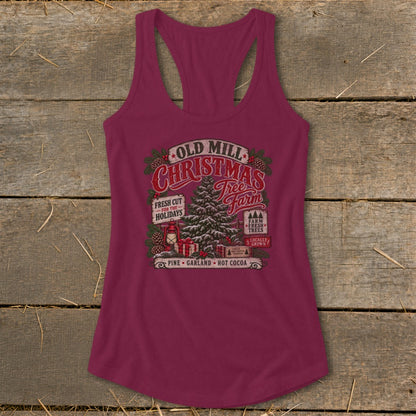 Burgundy tank top with "Old Mill Christmas Tree Farm" graphic.