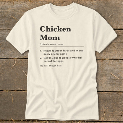 Cream t-shirt with "Chicken Mom" definition in black text.
