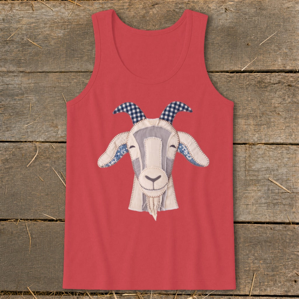 Coral tank top with a stitched goat face applique in white and blue.