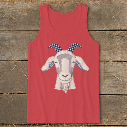 Coral tank top with a stitched goat face applique in white and blue.