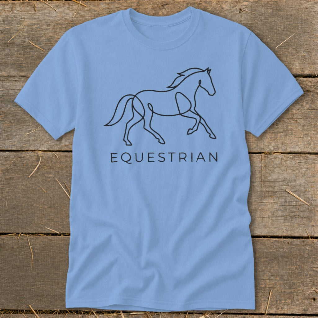 Light blue t-shirt with a black line drawing of a horse and the word "EQUESTRIAN".