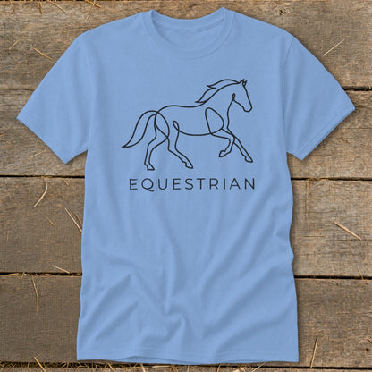 Light blue t-shirt with a black line drawing of a horse and the word "EQUESTRIAN".