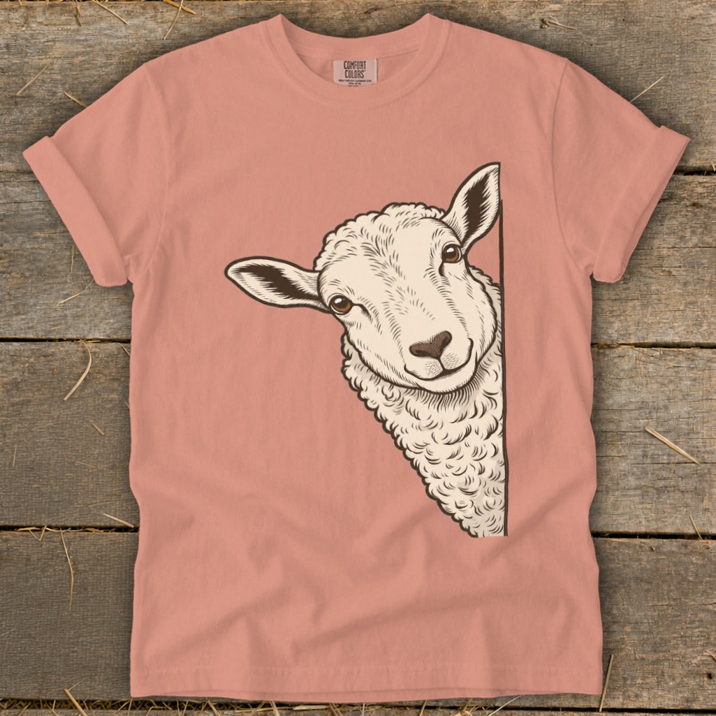 T-shirt with a peeking sheep illustration and "Comfort Colors" label.