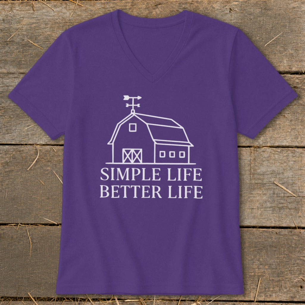 Purple t-shirt with a white line drawing of a barn and text "SIMPLE LIFE BETTER LIFE".