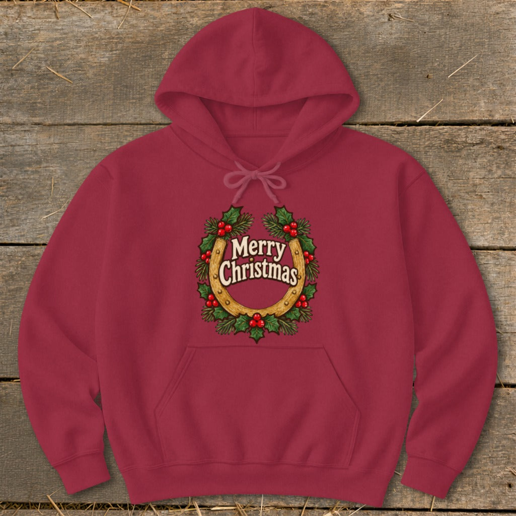 Maroon hoodie with a horseshoe wreath graphic that reads "Merry Christmas".