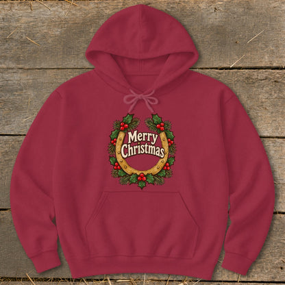 Maroon hoodie with a horseshoe wreath graphic that reads "Merry Christmas".