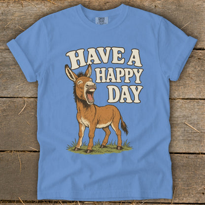 Blue t-shirt with laughing donkey and text "HAVE A HAPPY DAY".