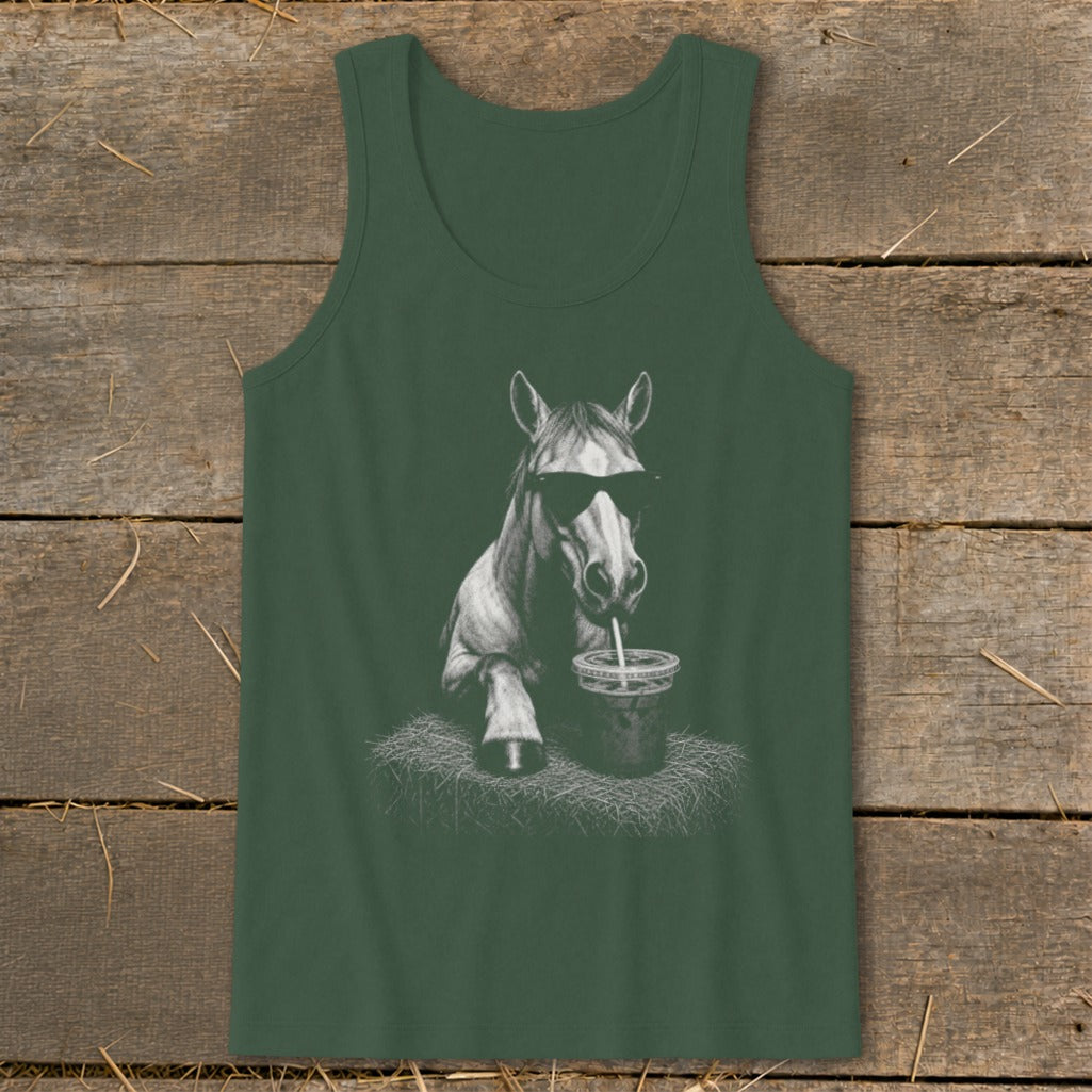 Horse wearing sunglasses drinks from a cup on a dark green tank top.