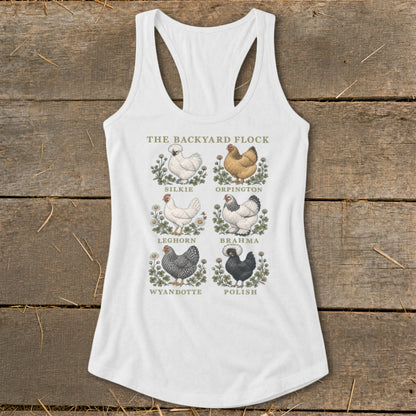 White tank top with "The Backyard Flock" print featuring six chicken breeds.