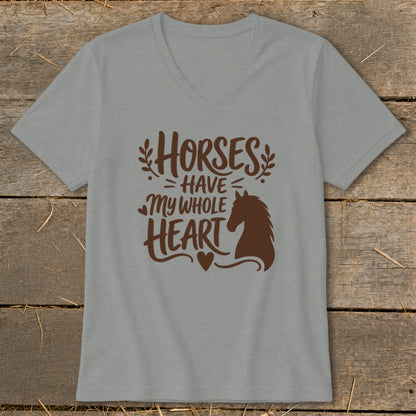 Grey v-neck t-shirt with brown text and horse silhouette reading "Horses have my whole heart."