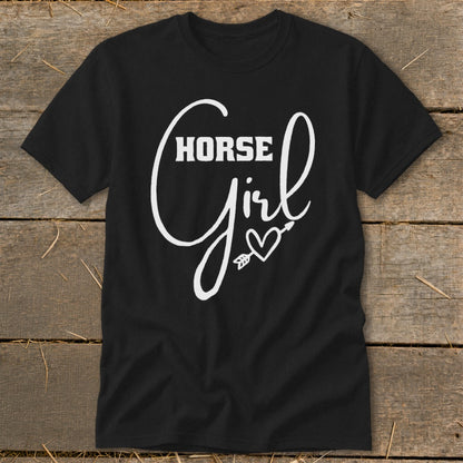 Black t-shirt with white text "Horse Girl" and a heart with arrow.
