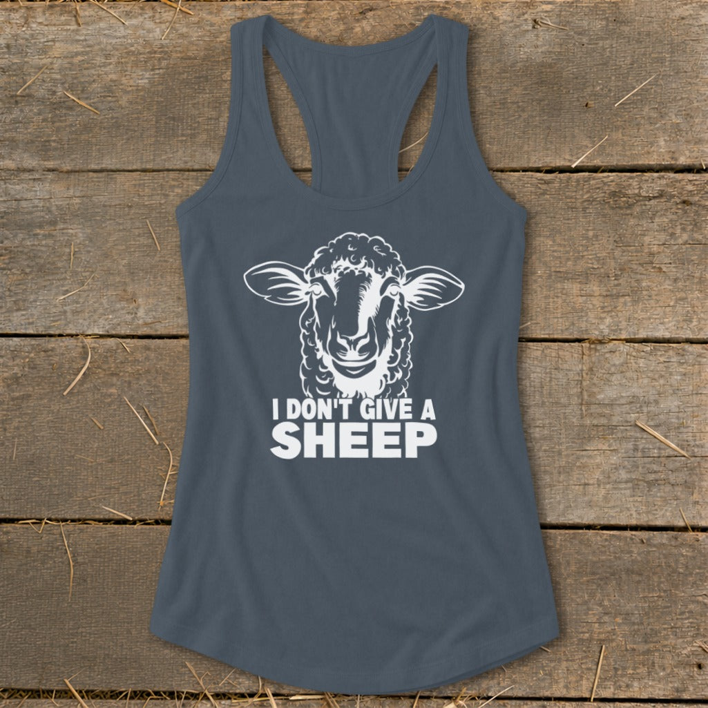 Grey tank top with a white sheep graphic and the text "I DON'T GIVE A SHEEP".