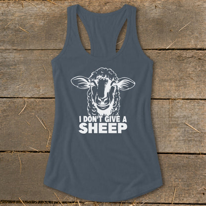 Grey tank top with a white sheep graphic and the text "I DON'T GIVE A SHEEP".