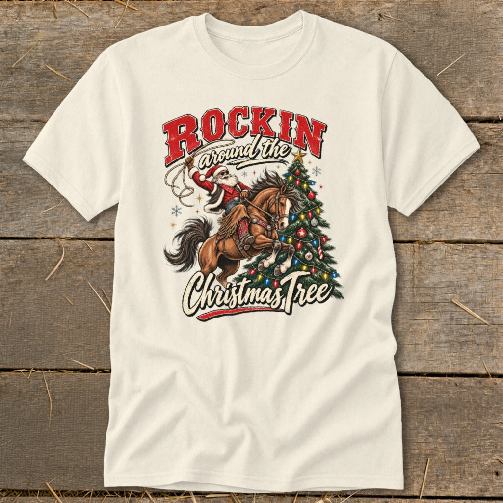 Santa on horseback roping a Christmas tree with text "Rockin' around the Christmas Tree."