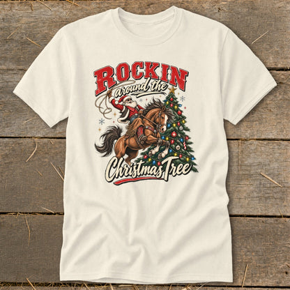 Santa on horseback roping a Christmas tree with text "Rockin' around the Christmas Tree."