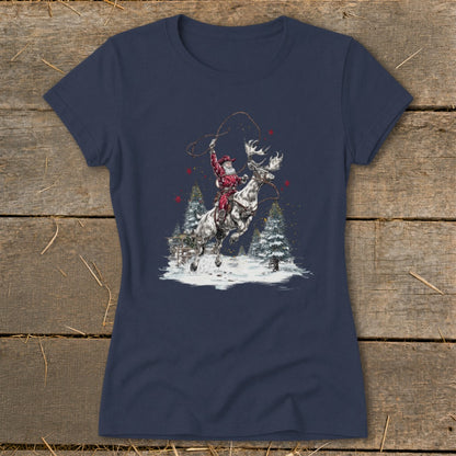 Santa Claus riding a reindeer, lassoing, with snowy trees and stars.
