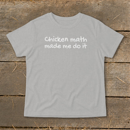 Gray t-shirt with white text reading "Chicken math made me do it."